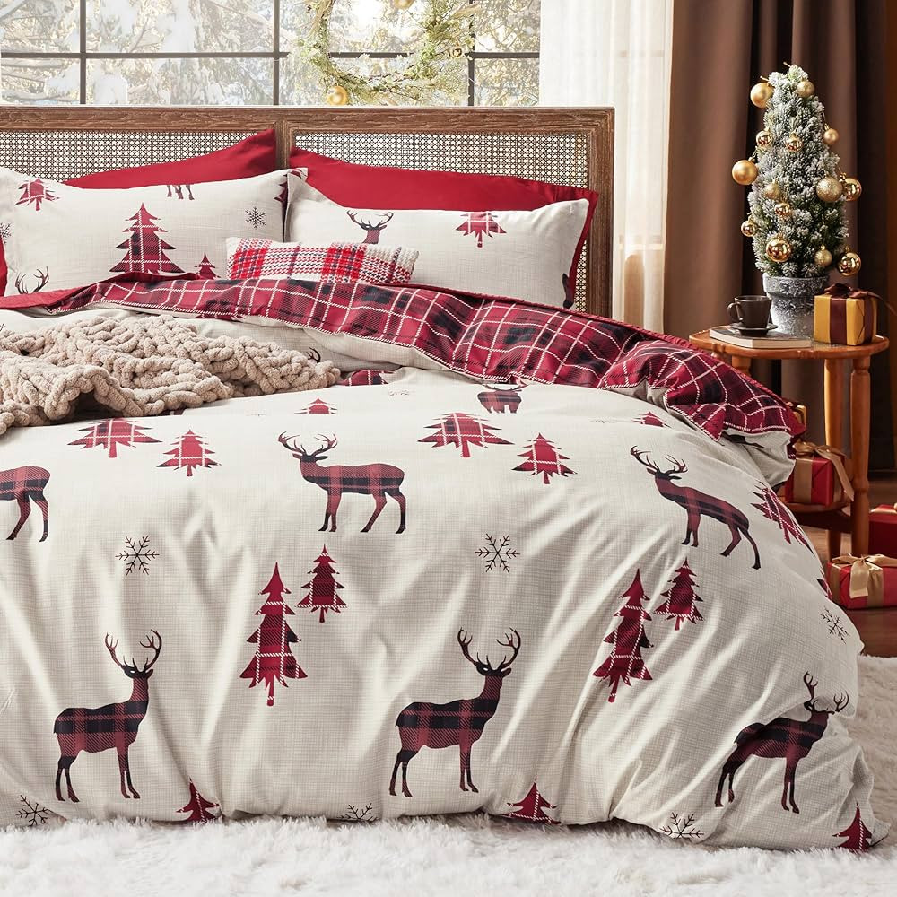 Bedsure Christmas Duvet Cover King - Christmas Bedding King Size, Reversible Buffalo Check Printed Christmas Plaid Duvet Cover, Includes 1 Duvet Cover and 2 Pillow Shams (King, Reindeer) | Amazon (US)