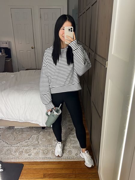 Black and white striped sweatshirt (S)
Black leggings (S)
Stanley cup
New Balance 327 sneakers (TTS)
Athleisure outfit
Weekend outfit
Abercrombie outfit
Abercrombie YPB outfit

#LTKfindsunder100 #LTKfitness #LTKSeasonal
