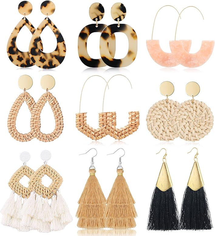 TOSGMY 9-12 Pairs Rattan Earrings for Women Handmade Boho Tassel Earrings Lightweight Acrylic Ear... | Amazon (US)