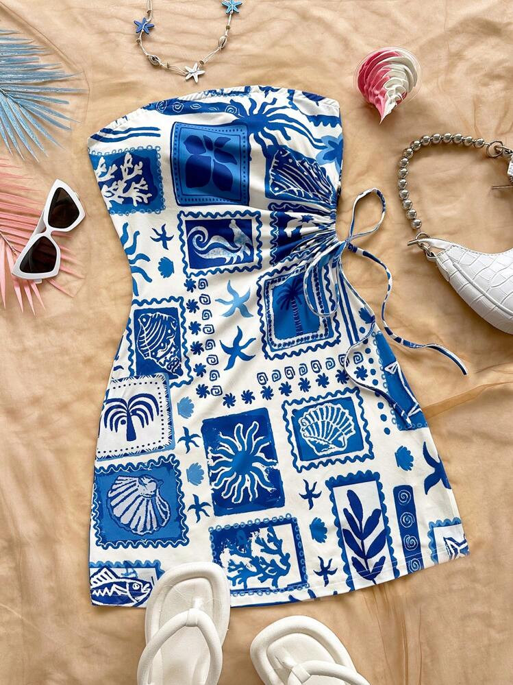 Soleia Bohemian ,Boho, Romantic Floral ,Vacation, Floral 4th Of July Clothes Rave Outfits White Graduation Dress Party Dress Graduation Outfit 4th Of July Dress Butter Yellow 4th Of July Festival Concert Vacation Dress Vacation Holiday Island Elements Palm Tree Drawstring Waist Hollow Out Fitted Tube Dress, Suitable For Dating, Valentine's Day, Afternoon Tea,Party | SHEIN