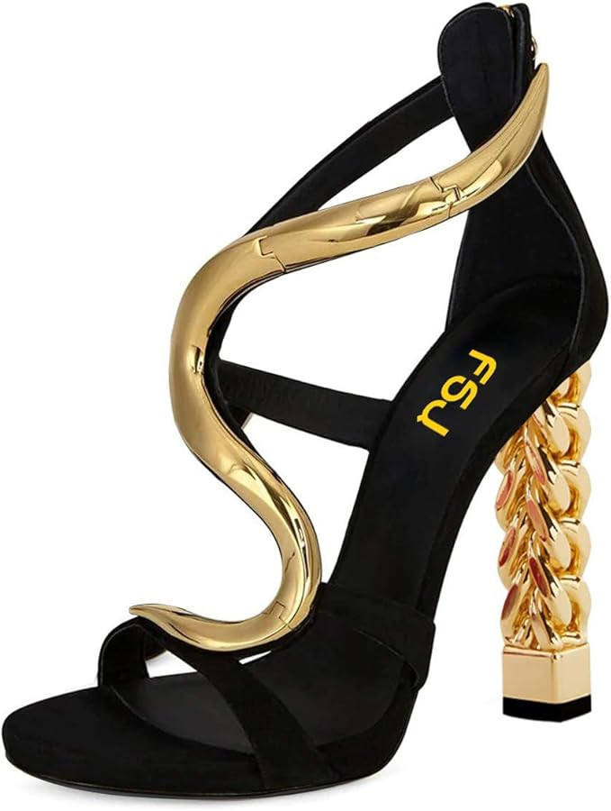 FSJ Women Flower Gold Metal Chain Chunky High Heels Ankle Strap Sandals Open Toe Fashion Summer D... | Amazon (US)