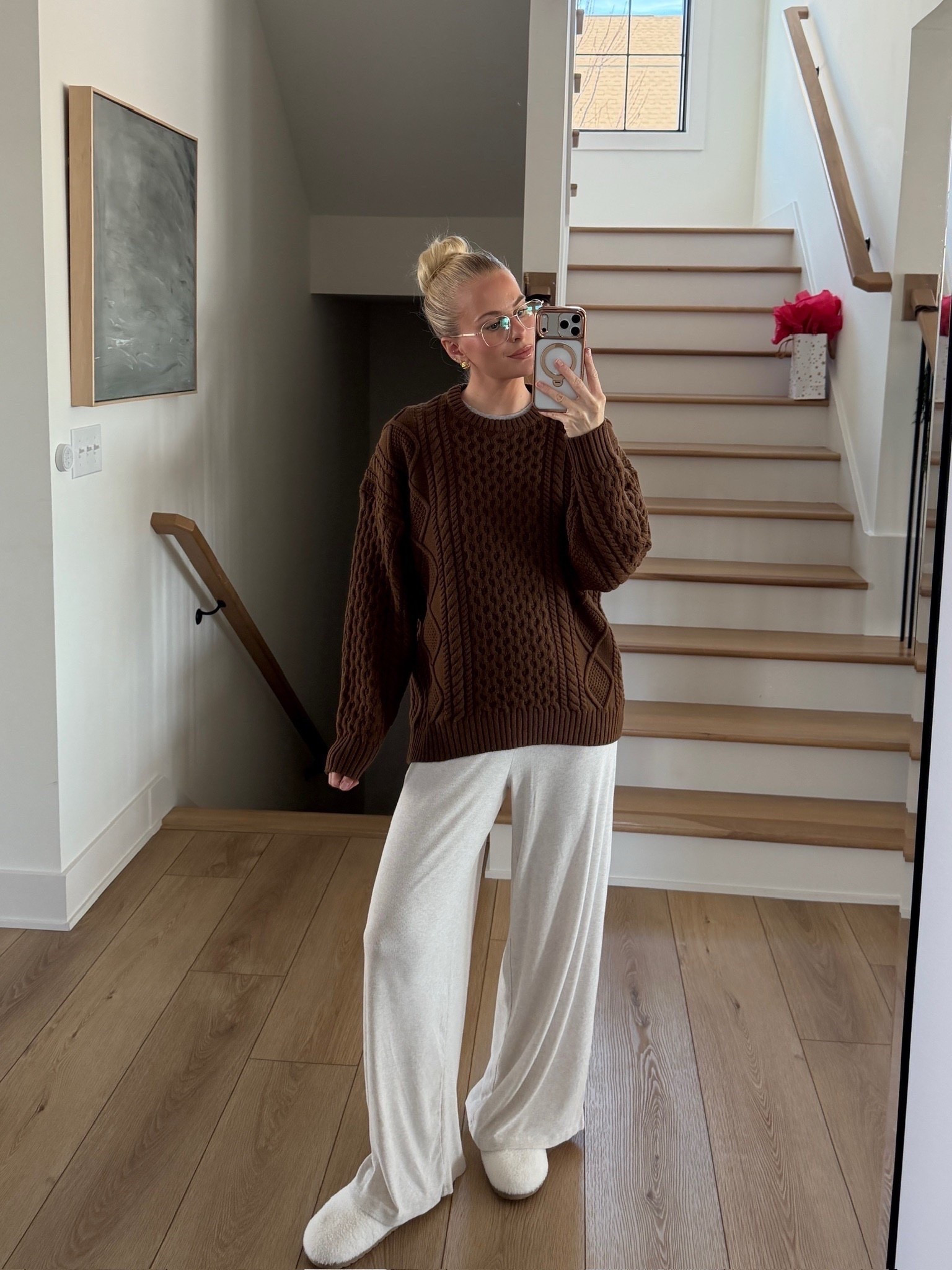 Outfit on sale!! Wearing a med in sweater (chocolatier brown), small in pants (heather birch), slippers tts! #kathleenpost

Lounge wear, school pick up, school drop off, winter travel outfit, errands outfit, work from home, 

#LTKootd #LTKmorningroutine
#LTKSeasonal
