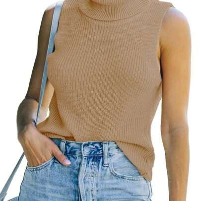 Elegant Vintage Women's Sleeveless Turtleneck Knit Tank Top - Slim Fit, Lightweight, Color, Perfect For Layering With Cardigans And Jeans, Ideal For F | SHEIN