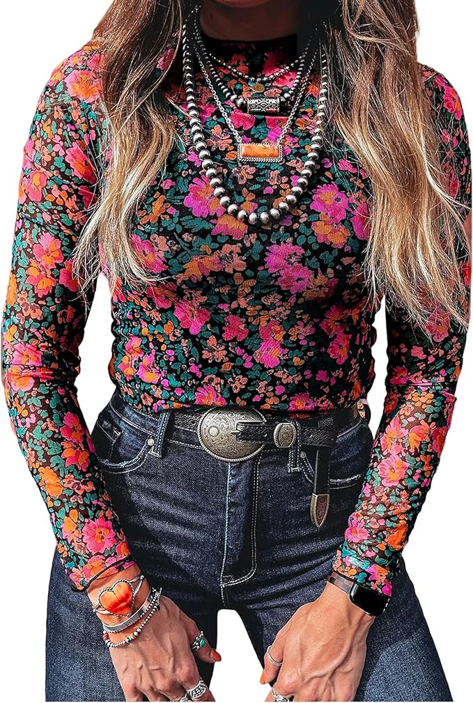 SELINK Long Sleeve Mesh Tops for Women Floral Print Sheer Blouses Mock Neck See Through Shirts | Amazon (US)