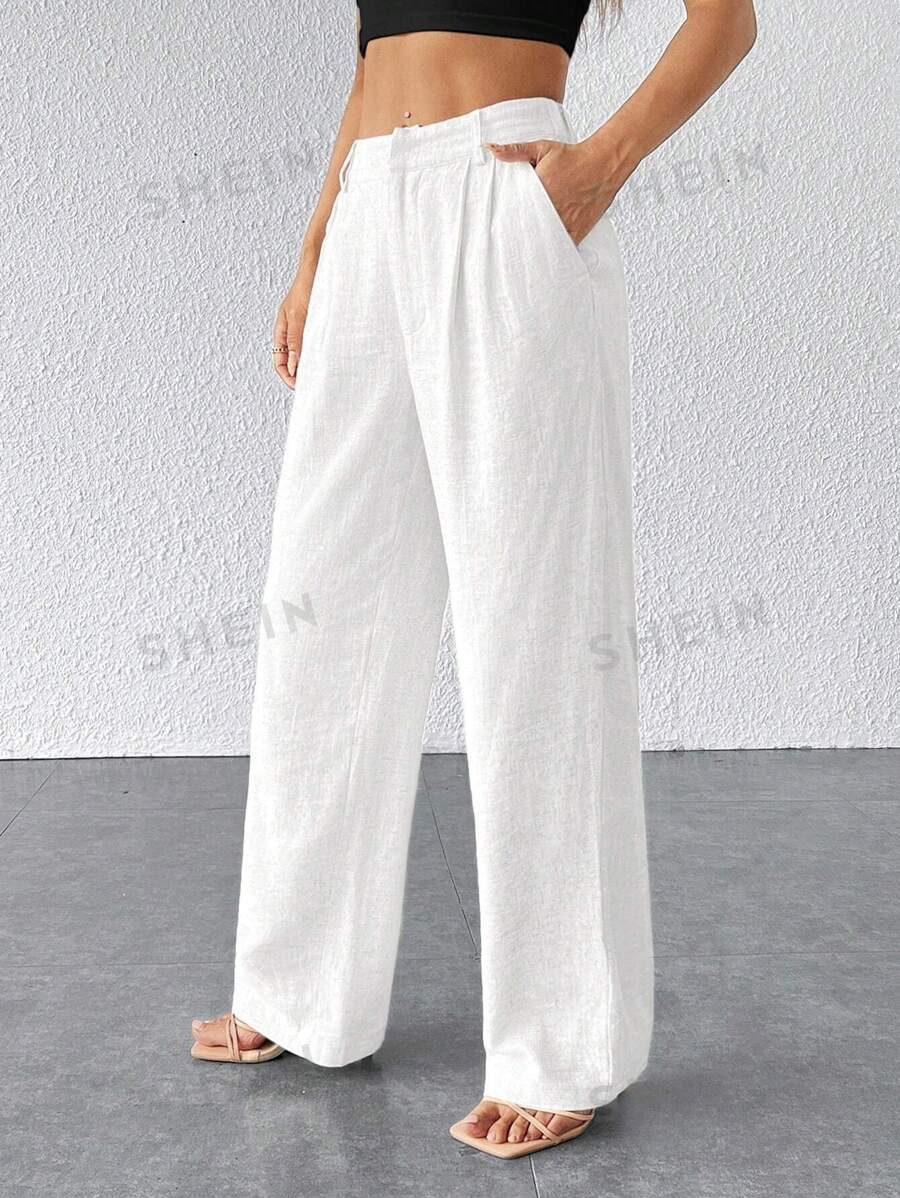 SHEIN PETITE Women's Solid Color Loose Casual Wide Leg Pants, Suitable For Vacation And Daily Wea... | SHEIN