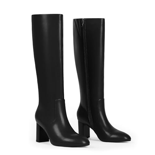 QIY Black Boots for Women Knee High Black Heeled Boots for Women Dress Chunky Block Heel Round Toe Leather Calf High Gogo Tall Long Boot Size 6.5 | Amazon (US)