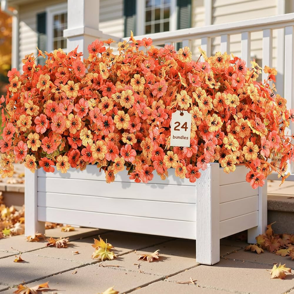 24 Bundles Artificial Fall Mums Flowers for Outdoors Decoration, UV Resistant Silk Violet and Fau... | Amazon (US)