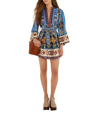 Embroidered Tapestry Blue V-Neck Long Wide Sleeve Tie Front Mini Dress | Dillard's
