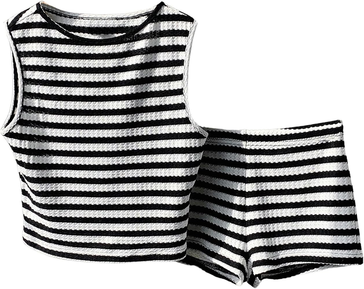 MakeMeChic Women's 2 Piece Summer Outfit Striped Crew Neck Tank Crop Top and Mini Shorts Set | Amazon (US)