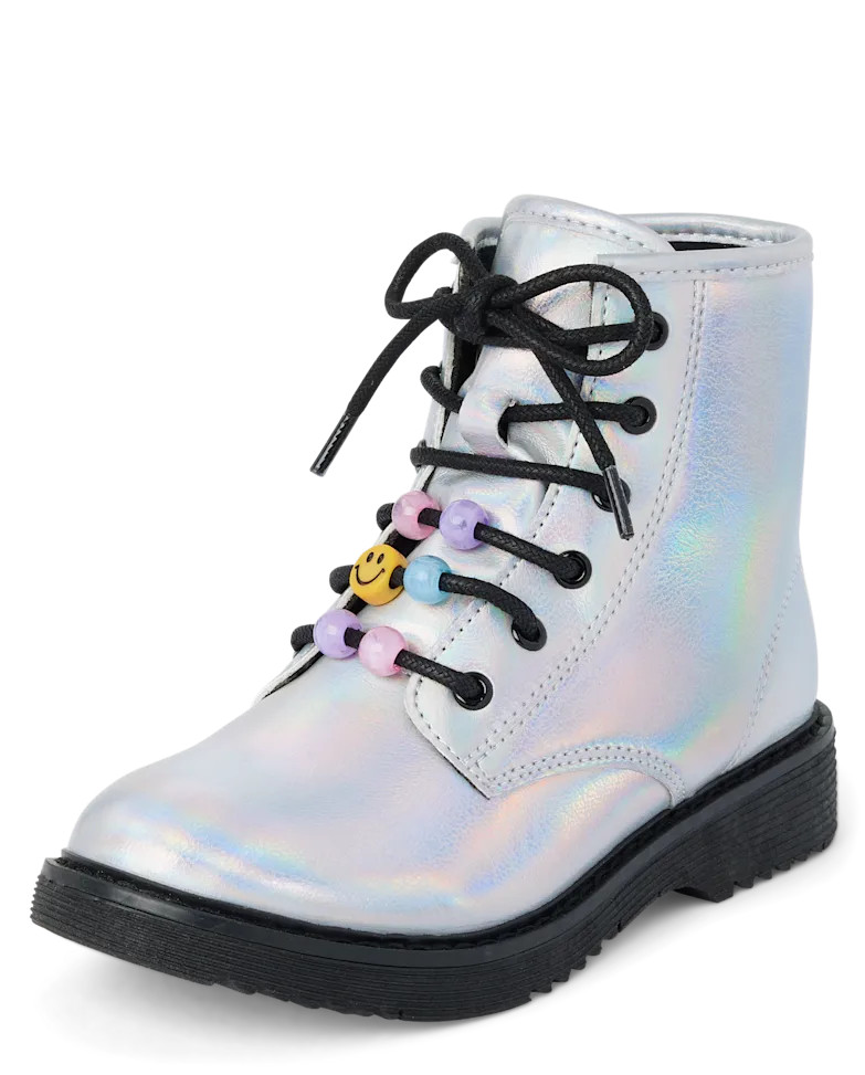 Girls Holographic Beaded Lace Up Booties - silver | The Children's Place