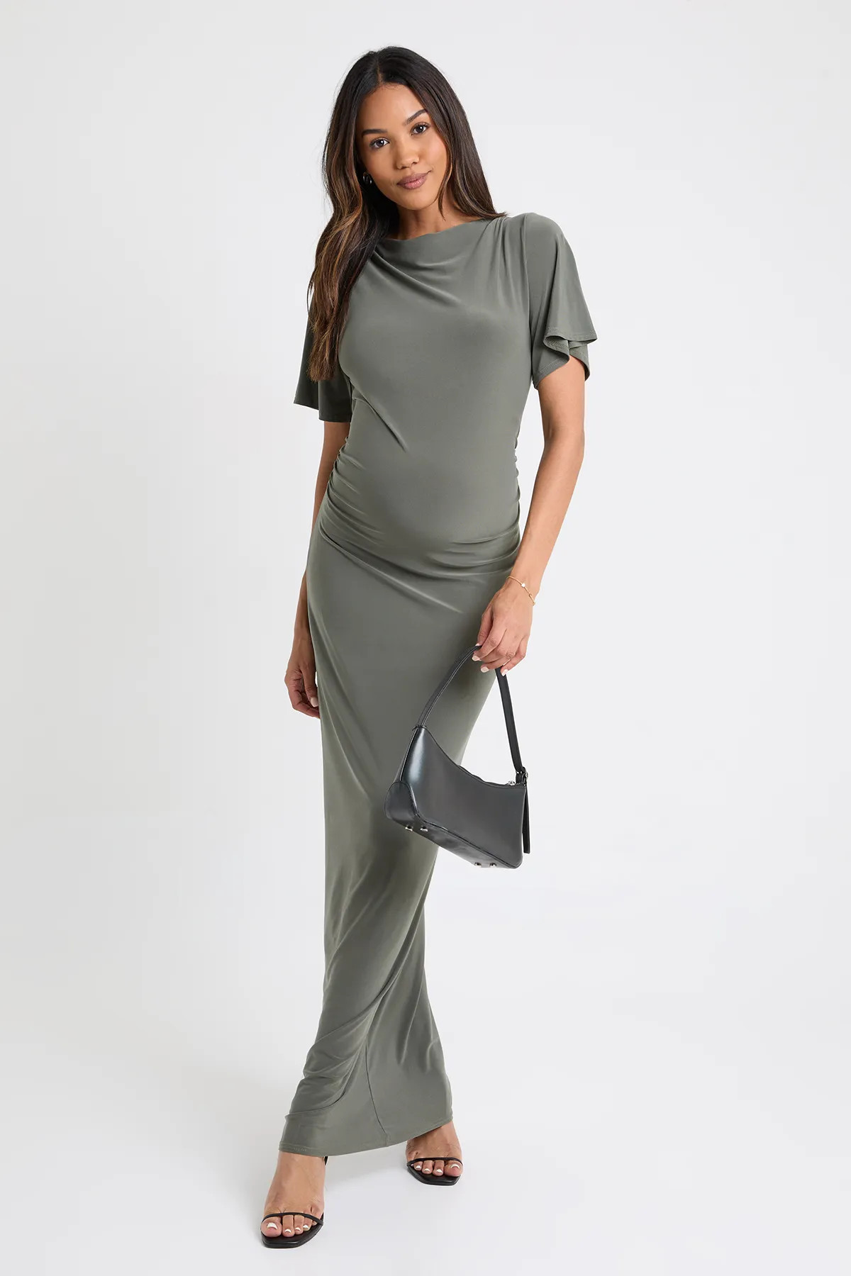 Maternity Angel Sleeve Gathered Side Column Maxi Dress | boohoo (US & Canada)