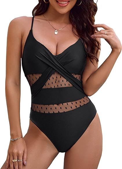 BMJL Womens V Neck Tummy Control Swimsuit Sexy One Piece Bathing Suit Mesh Swimwear | Amazon (US)