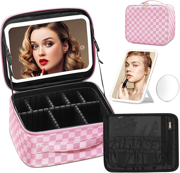 Omobolanle Makeup Bag with Mirror Led Light Detachable Portable Makeup Organizer Travel Cosmetic ... | Amazon (US)