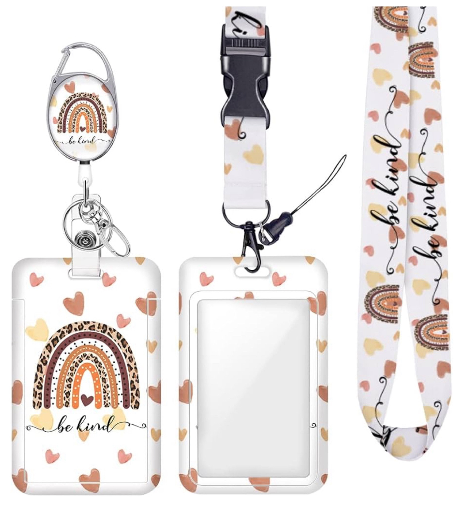 Be-Kind Id Badge Holder with Lanyard Retractable Badge Reel Boho Rainbow Heart Inspirational Friendship Gifts for Women Friends Lanyards for Id Badges Id Protector Badge Clip for Nurse Doctor Teacher