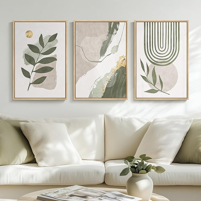Framed Boho Sage Green Abstract Wall Art for Living Room, 3 Piece Leaf Botanical Gold Sun Canvas ... | Amazon (US)