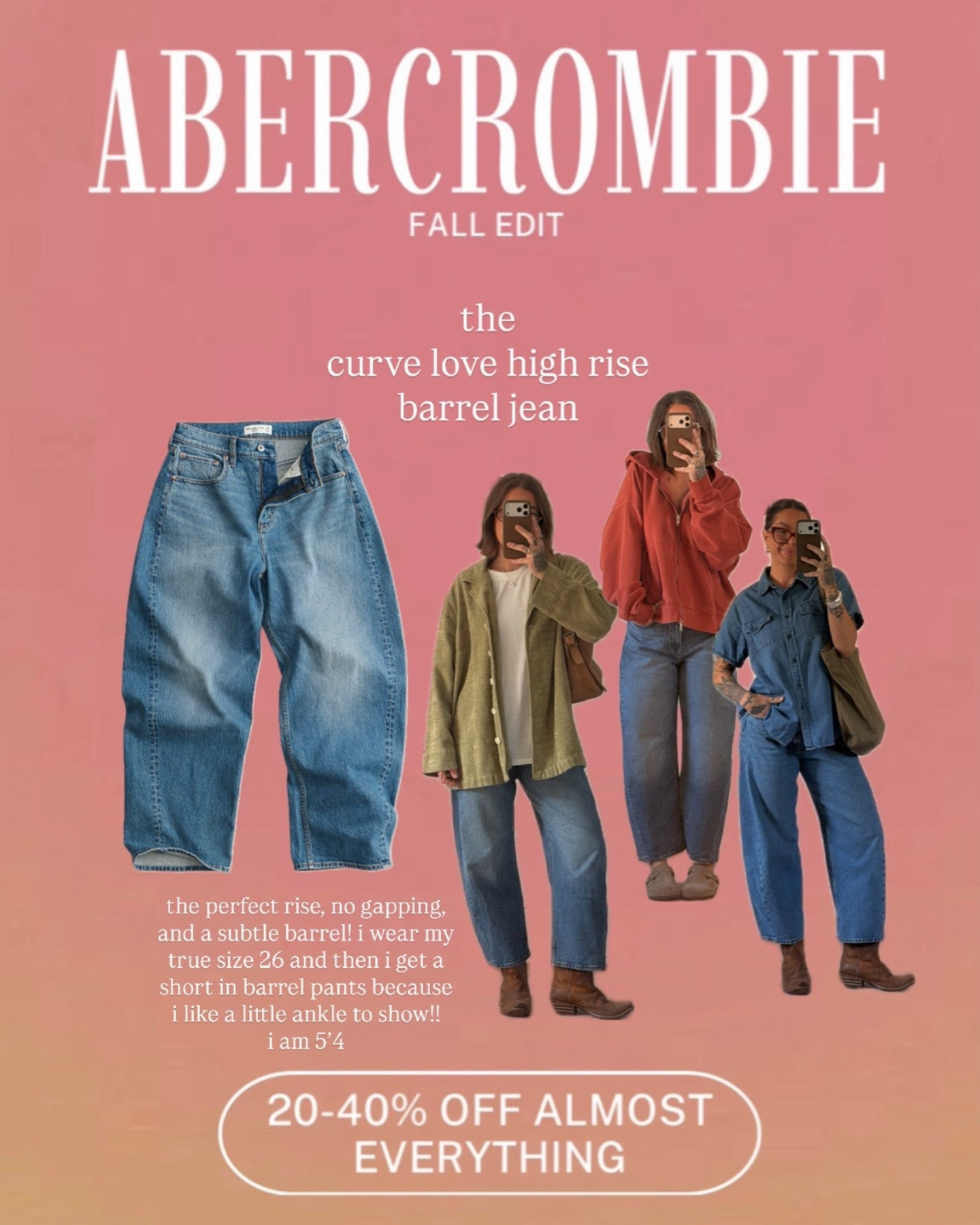 ON SALE!!! 20-40% off almost everything + extra 15% off with code LONGWEEKEND!! @abercrombie 

my favorite barrel jean right now! i am wearing my true size 26 and i get a short! a regular is the perfect length on me (i am 5’4) but i like my barrel jeans to be a little shorter and show some ankle !!! @abercrombie 

i also get the curve love! not the regular!

CURVE LOVE - more room throughout the hip and bum area

NON CURVE LOVE - tighter around the hip and bum area

#LTKootd #LTKgrwm #LTKmomlife
