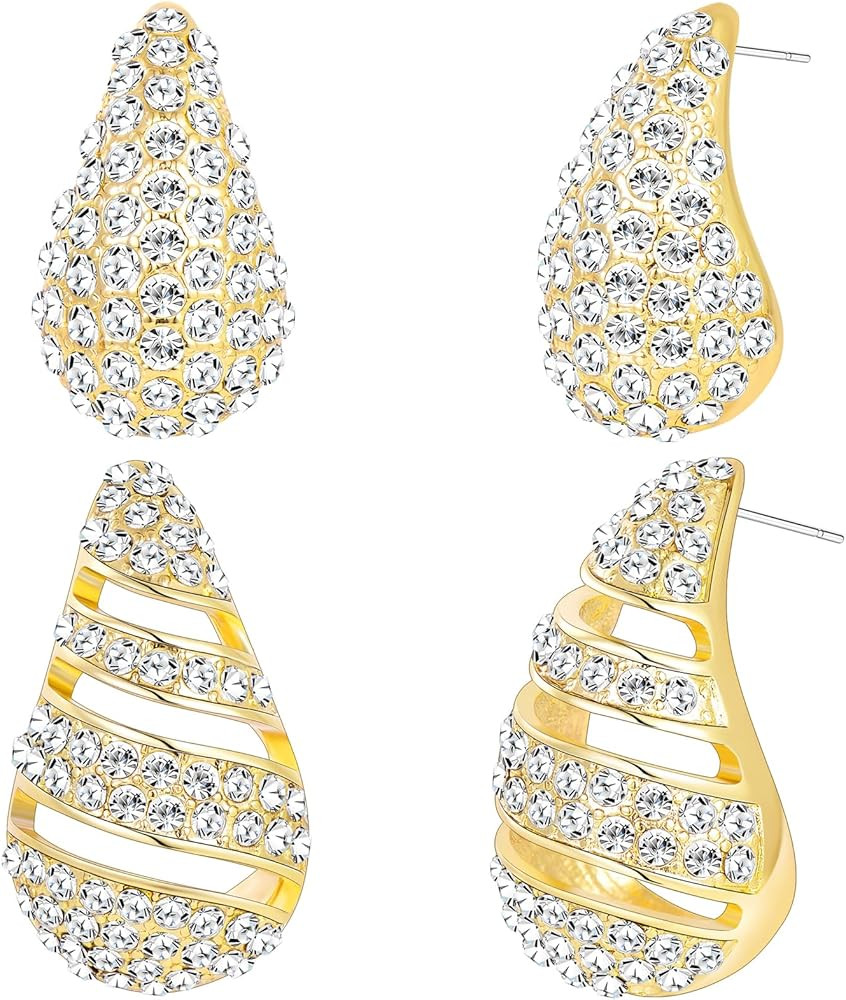 2 Pairs Earrings Set for Women, Lightweight Hollow Gold Hoops. Silver Hoop Earrings, 14k Gold Tea... | Amazon (US)