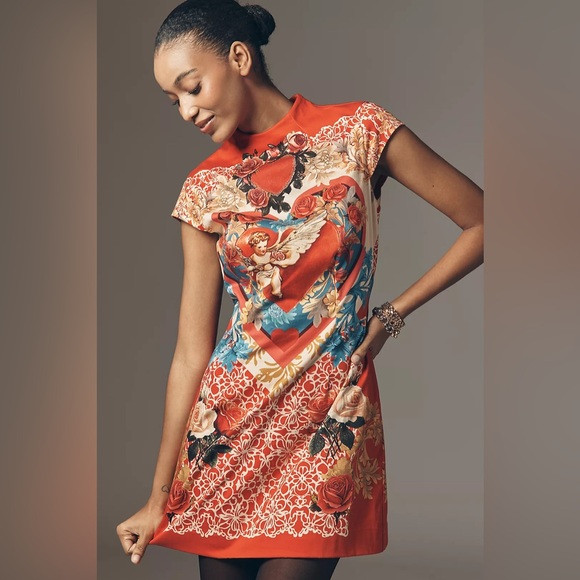 Anthropologie Maeve A line Mock Neck New Elegant Red and Blue Angel Print Dress | Poshmark