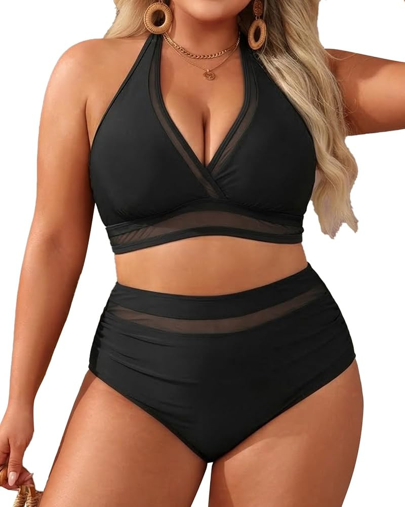 Tempt Me Women Plus Size Bikini High Waisted Swimsuits Mesh Tummy Control Two Piece Bathing Suit | Amazon (US)
