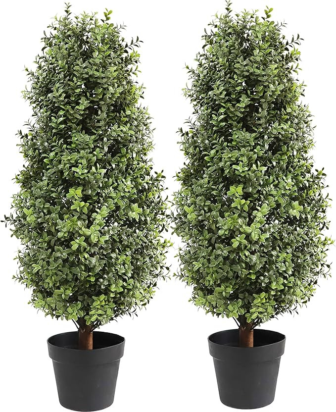 Artificial Topiary Boxwood Tree, Faux Shrub, Includes Black Plastic Pot, 2 Packs Fake Trees, Home... | Amazon (US)