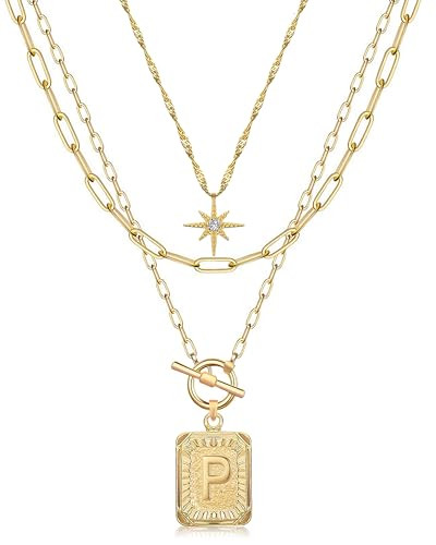 MJartoria Layered Initial Necklaces for Women Trendy, 14K Gold Plated Simple Star Choker Square Letter Pendant Necklace, Paperclip Chain Necklace, Gold Necklaces Jewelry Gifts (Gold, P) | Amazon (US)