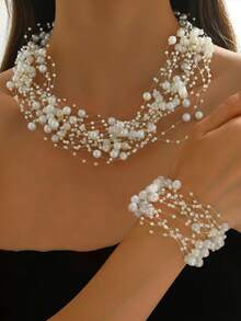 2pcs Fashionable &amp; Elegant Faux Pearl Necklace &amp; Bracelet Jewelry Set, Suitable For Parti... | SHEIN