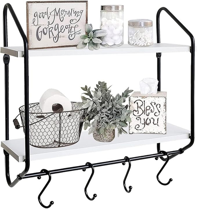 BOLUO Bathroom White Wall Shelf with Towel Bar Floating Shelves Kitchen Mounted Shelving Mug Hooks f | Amazon (US)