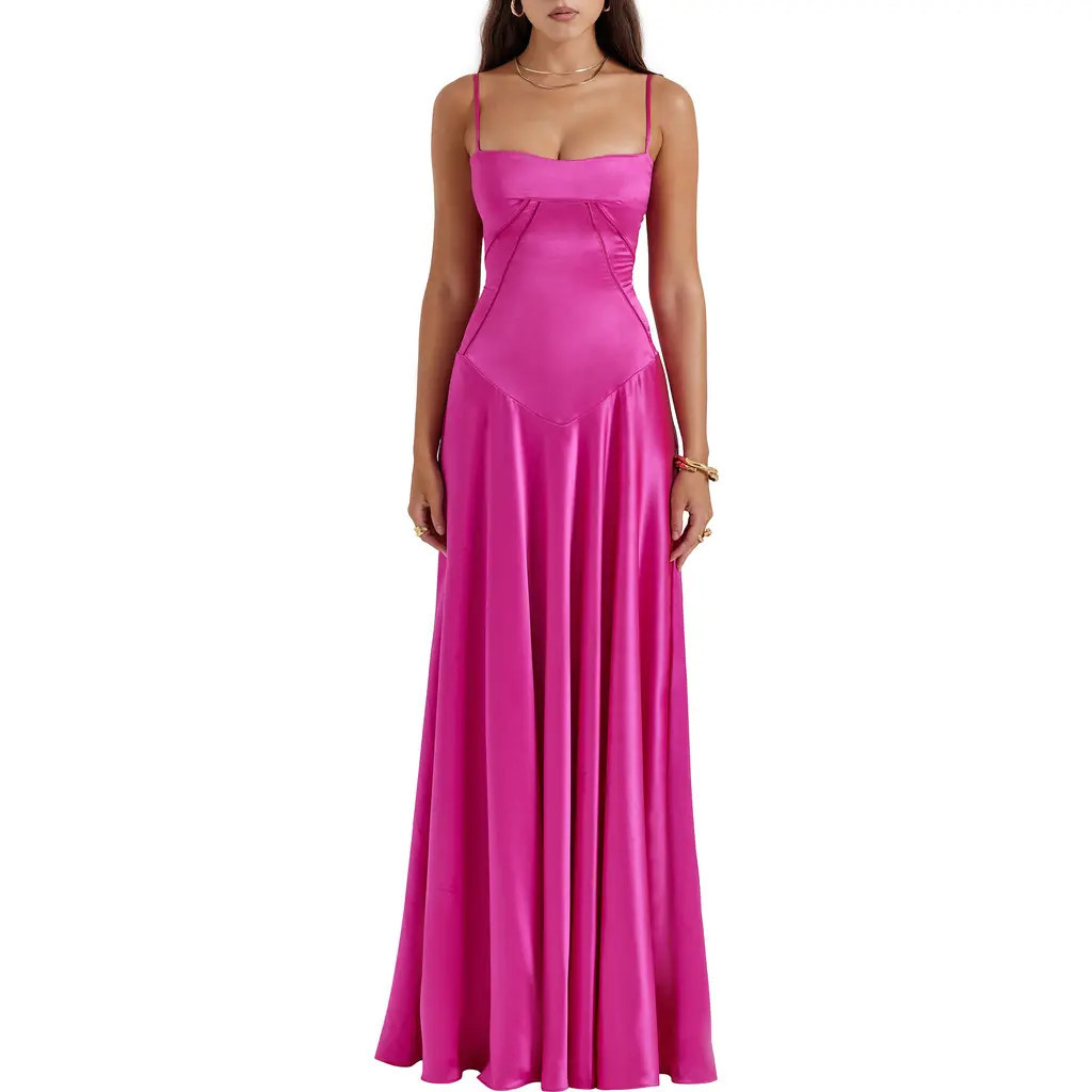HOUSE OF CB Anabella Lace-Up Satin Gown in Fuschia at Nordstrom, Size Large D | Nordstrom