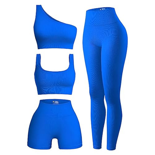 OIERD 4 Piece Workout Sets For Women Ribbed Leggings Clothes Yoga Sets Active Wear Cute Matching Work Out Sets Gym Pilates Outfits For Women Set Royal Blue,L | Amazon (US)