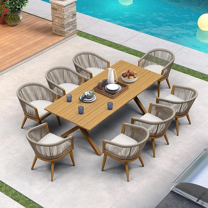 PURPLE LEAF Outdoor Dining Set for 8 with Cushions PE Rattan Teak | Teak Look Zero Care Woodgrain... | Amazon (US)
