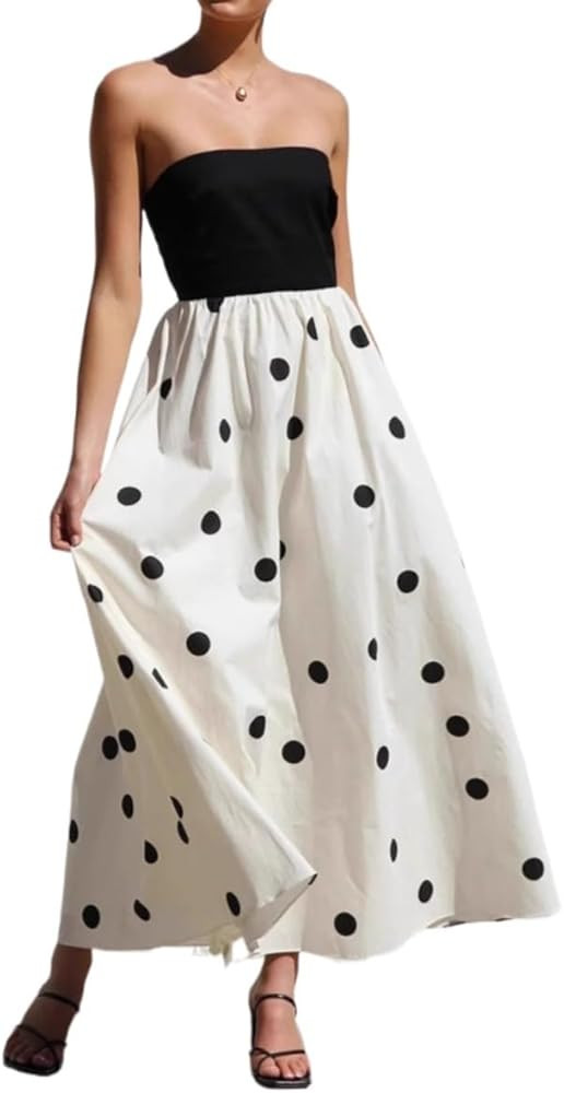 Women's Polka Dot Maxi Dresses Strapless Tube Dress Backless Big Hem Party Long Dress Patchwork E... | Amazon (US)