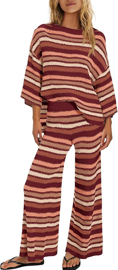 ReachMe Womens Oversized Striped 2 Piece Set Sweater and Wide Leg Pants with Pockets Pajama Loung... | Amazon (US)