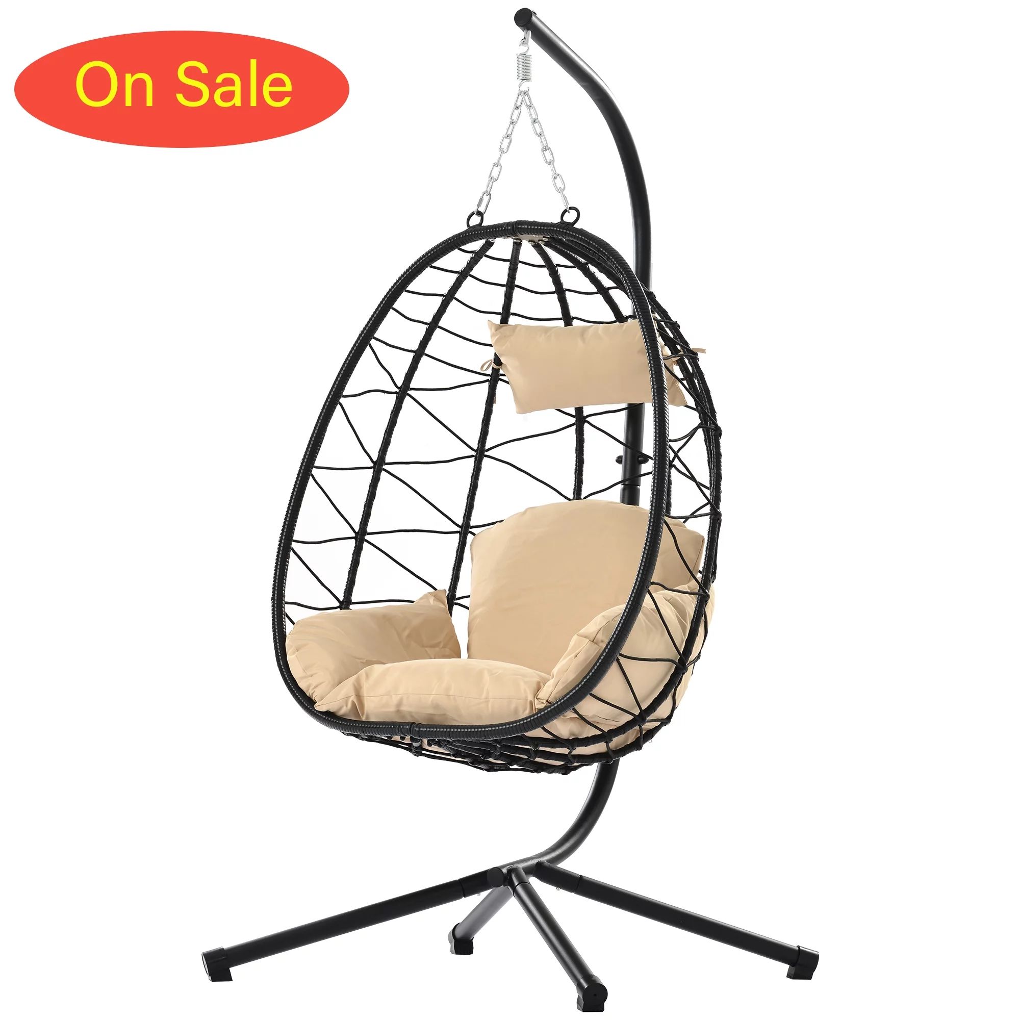 Swing Egg Chair, Outdoor Hanging Egg Chair with Stand, Wicker Swing Chair w/ Seat and Back Cushio... | Walmart (US)