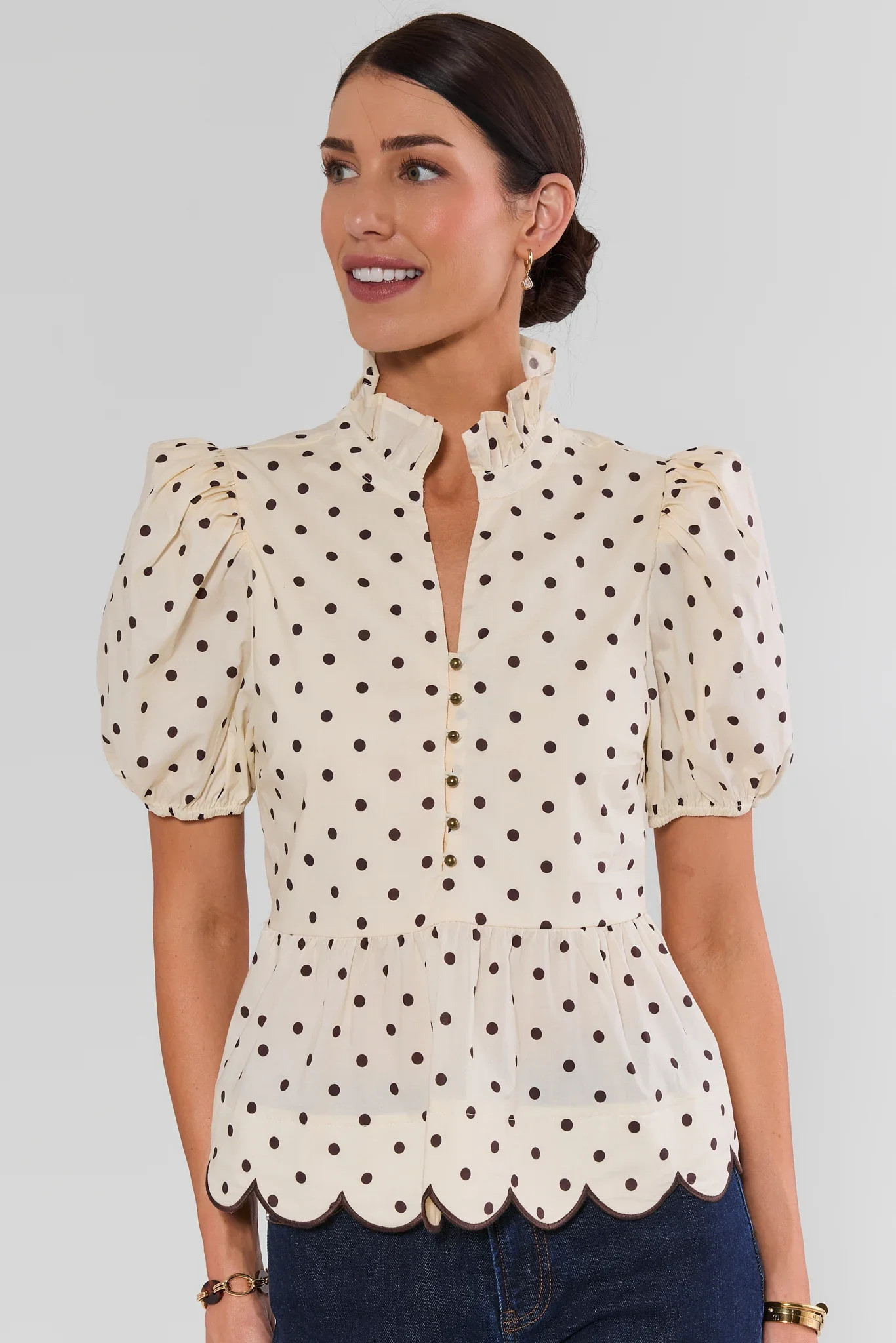 White Polka Dot Scalloped Peplum Top | Avara