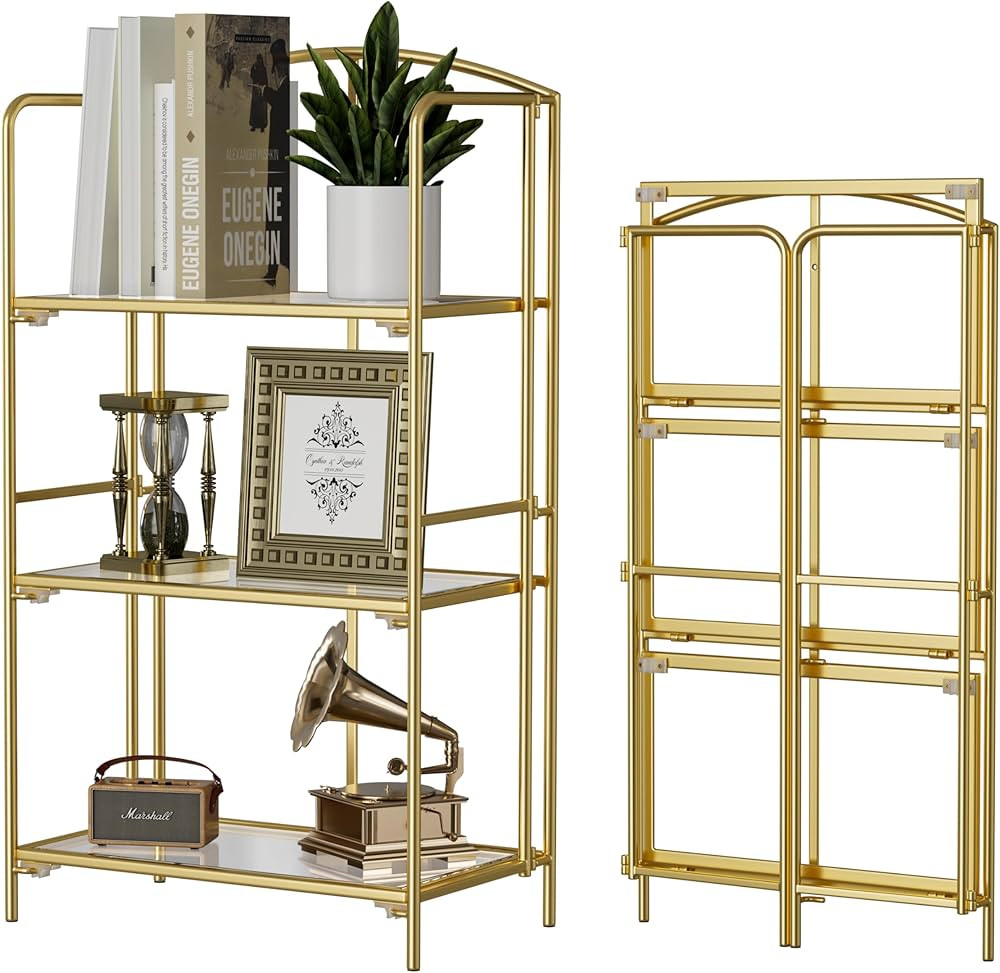 Crofy No Assembly Folding Bookshelf for Living Room, 3 Tier Gold Collapsible Book Shelf for Home ... | Amazon (US)