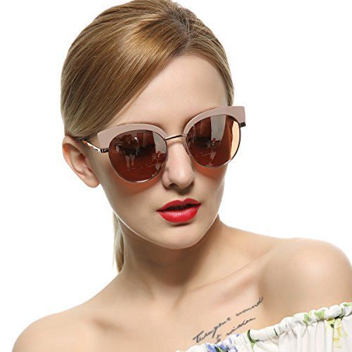 VIVIENFANG Mirrored Lens Classic Women's Semi Rimless Polarized Cat Eye Sunglasses 86697B Nude | Amazon (US)