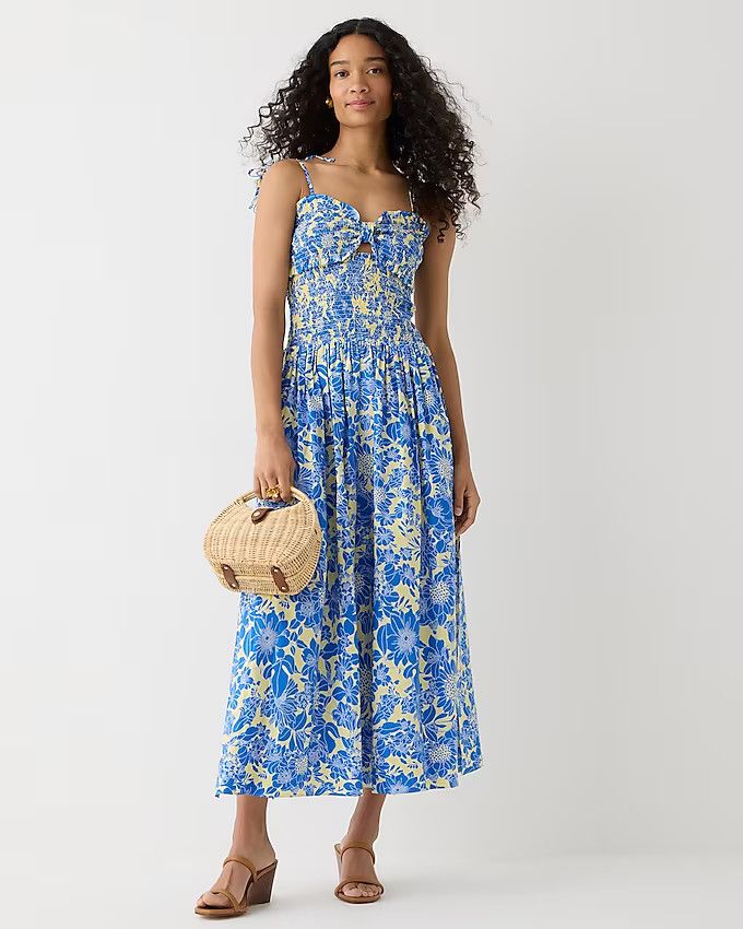 Collection tie-shoulder smocked dress in floral cotton poplin | J.Crew US