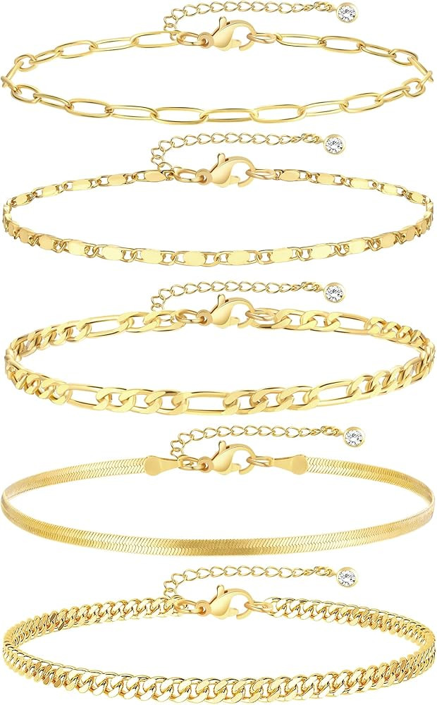 iF YOU Gold Ankle Bracelets for Women, 14k Gold Plated Waterproof Cuban Link Chain Anklets Set, L... | Amazon (US)