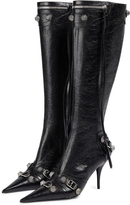 Kluolandi Women's Stiletto High Heel Knee High Boots with Tassel Pointy Toe Studded Zipper Booties Dress Shoes | Amazon (US)