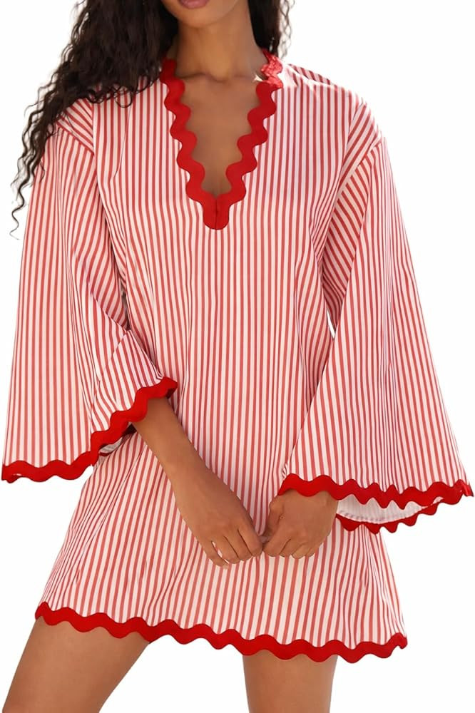VAOYIU Women's Boho Striped V-Neck Dress Flowy Bell Sleeves Cover Up with Wavy Trim Beach Resort ... | Amazon (US)