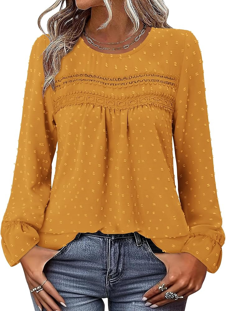 BETTE BOUTIK Womens Boho Fall Long Sleeve Shirts Crewneck Dressy Casual Blouses Trendy Flowy Tops | Amazon (US)