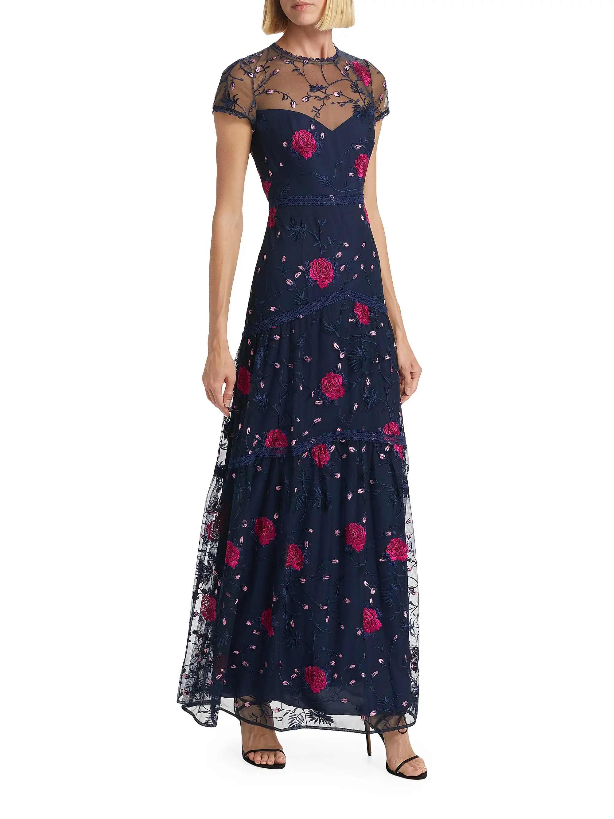 Shop ML Monique Lhuillier Short-Sleeve Floral-Embroidered Dress | Saks Fifth Avenue | Saks Fifth Avenue