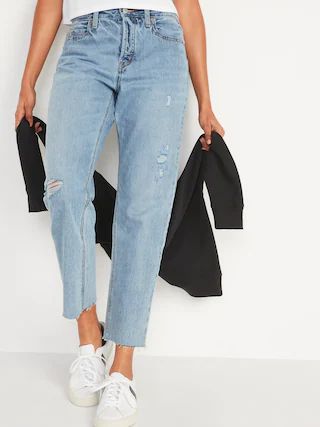 High-Waisted Button-Fly Slouchy Straight Distressed Cropped Jeans for Women | Old Navy (US)