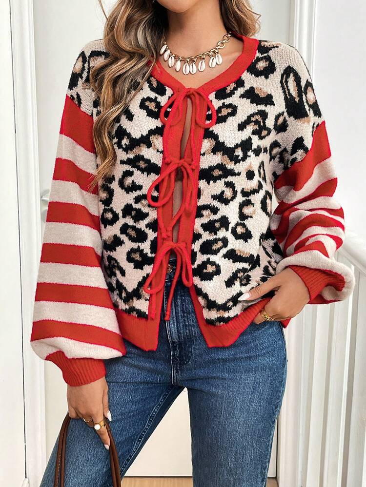 SHEIN Frenchy Women Casual Leopard Patchwork Striped Lantern Long Sleeve Tie-Up Sweater Cardigan, Autumn/Winter, New Years Women Outfit Christmas Red Cheetah | SHEIN