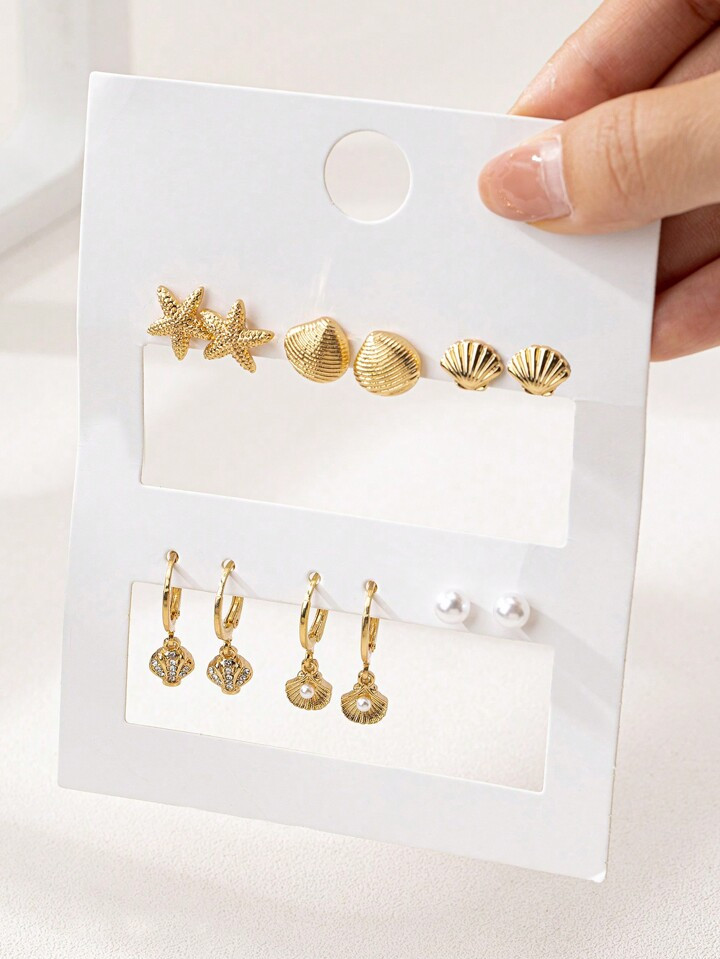 6pairs Elegant Ocean Themed Shell & Starfish Faux Pearl Earring Sets For Women, Jewelry Gift | SHEIN
