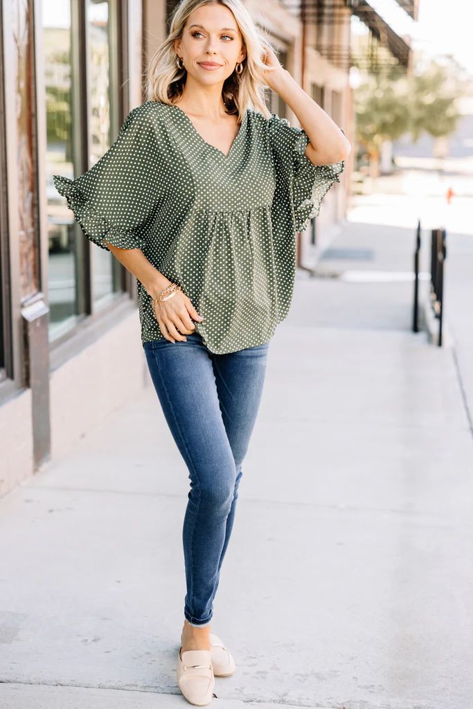 Once You Know Olive Green Polka Dot Blouse | The Mint Julep Boutique