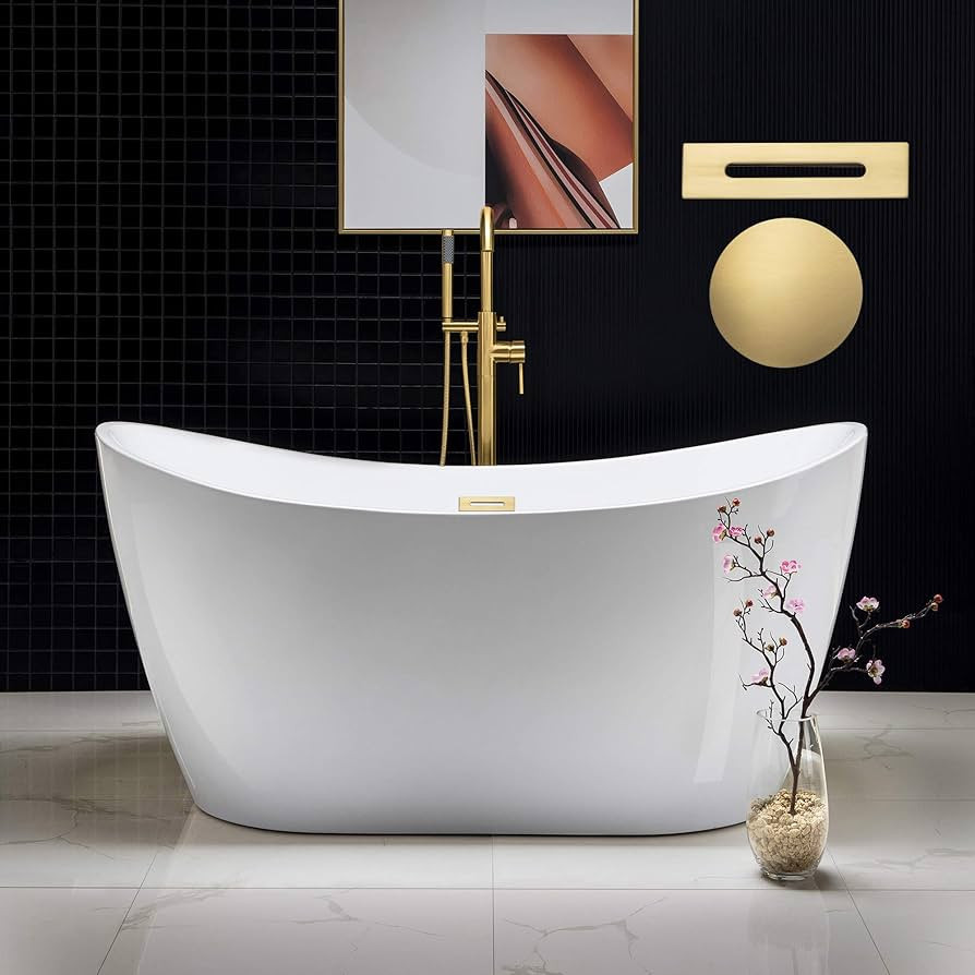 WOODBRIDGE 59" Acrylic Freestanding Bathtub Contemporary Soaking White Tub with Brushed Gold Over... | Amazon (US)