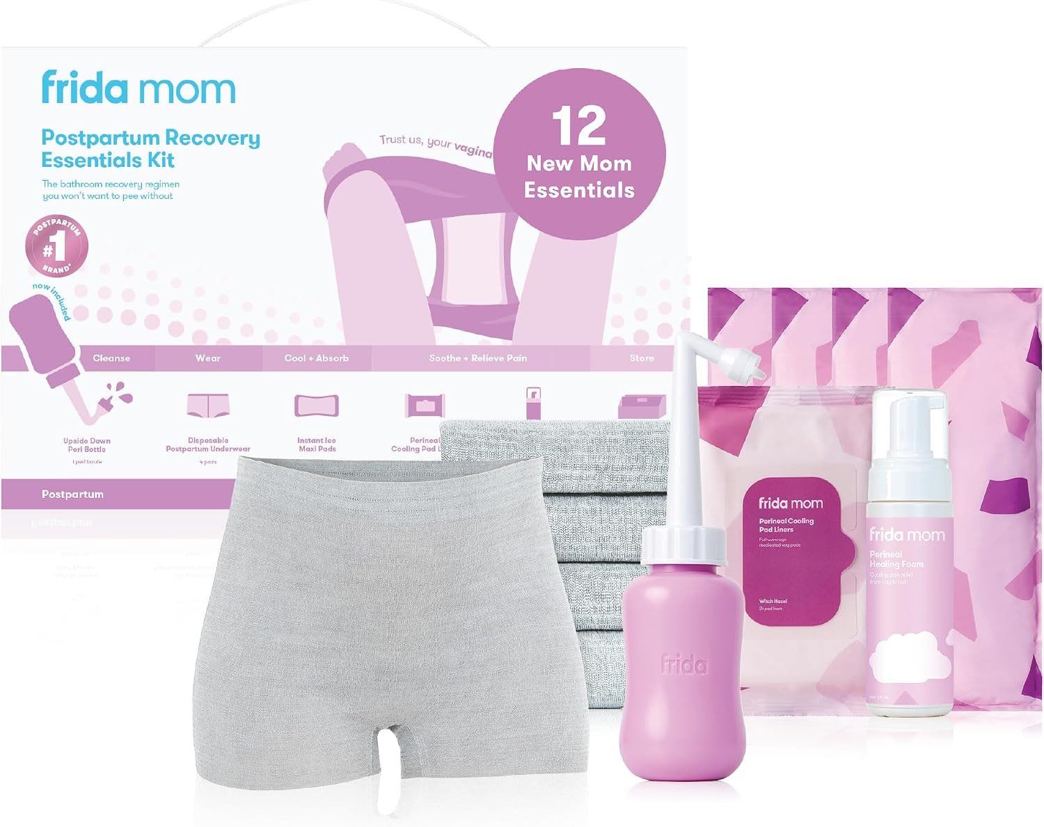 Frida Mom Postpartum Recovery Essentials Kit, Includes Disposable Underwear, Instant Ice Maxi Pads, Perineal Healing Foam, Perineal Healing Pad Liners and Upside Down Peri Bottle, 11 Piece Gift Set | Amazon (US)