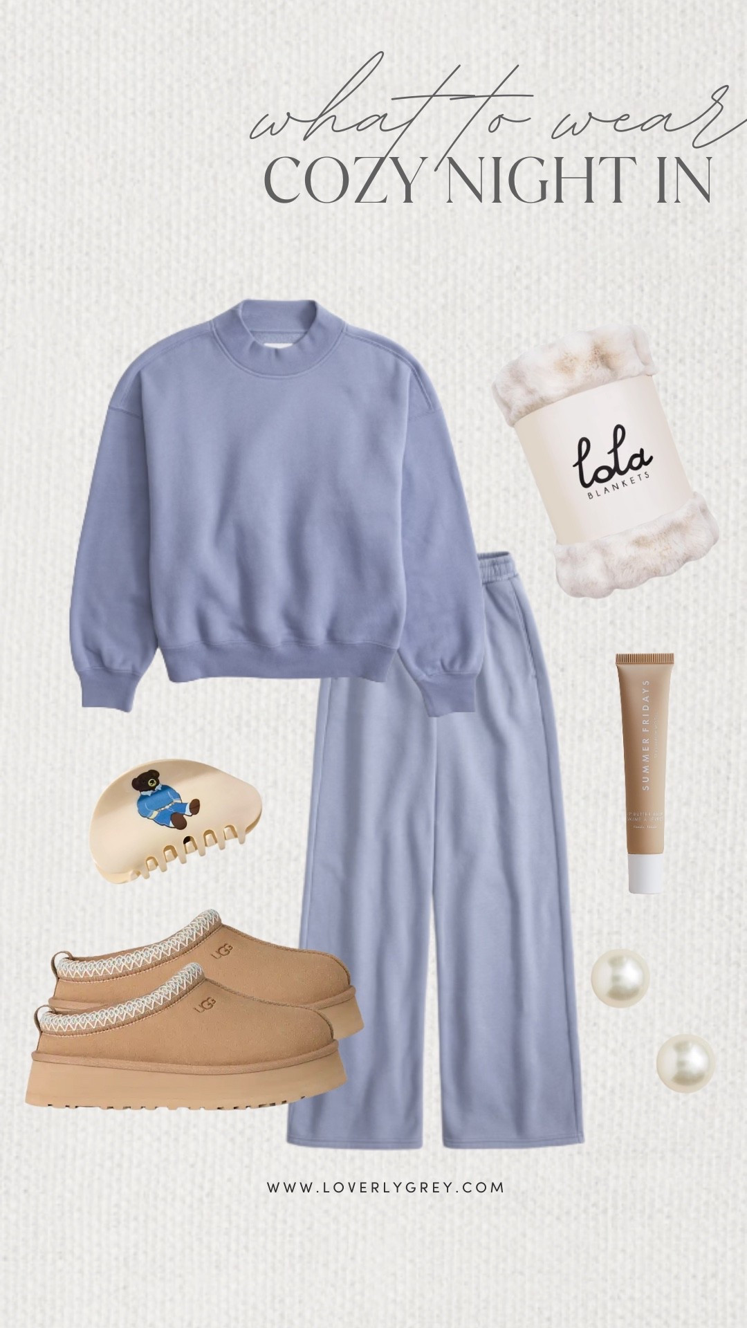 Loverly Grey, what to wear for a cozy night in! I am loving this matching set from Abercrombie. The dusty blue is stunning, the pants have a tie waist, and the top is a mock neck! I paired the look with UGGS, dainty pearl earrings, & a cute claw clip. Loverly Grey, what to wear, cozy night in 

#LTKFindsUnder100 #LTKBeauty #LTKootd