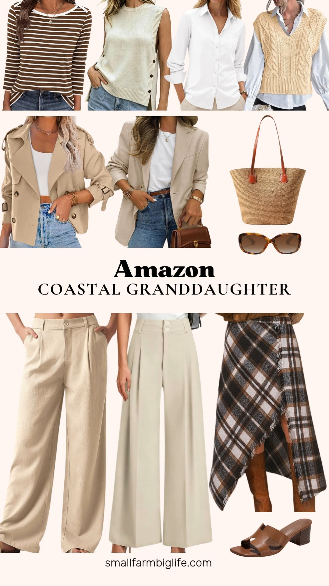 Coastal grandmother is evolving into something more elevated this season, all natural linen, neutral tones, and effortless tailoring that reads quiet luxury rather than beachy casual. These high waisted wide leg trousers and this linen wide leg pants option are both perfect for a polished, relaxed work look. Pairing so well with this beige blazer and the matching sweater vest for easy layering.

Loving this striped boat neck top for something more casual, and this cropped double breasted trench for the perfect transitional jacket. This plaid wrap skirt brings in a soft, elegant touch for fall while still keeping that neutral coastal palette. A crisp white button down is the easiest layering piece to have on hand.

Finishing the look with a woven straw tote for that lingering summer feel, tortoise square sunglasses for a retro edge, and cognac leather block heel sandals to carry you right into early fall.

#coastalgrandmother #quietluxury #neutralstyle #fallfashion #amazonfashion 

 #LTKootd #LTKOver40 #LTKWorkwear